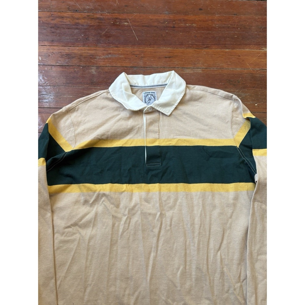 Lands End Rugby Shirt 2XL Tall 50-52 Cotton Beige Green Yellow Heavy Long Sleeve - Picture 2 of 9